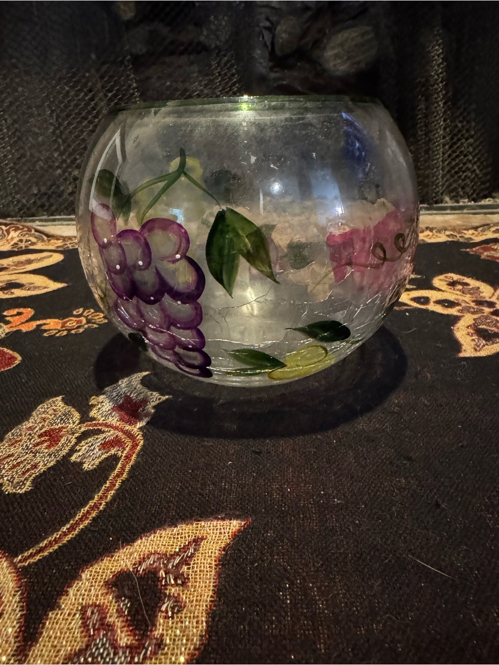 Hand-Painted Glass Bowl with Grape Motif - Purple & Green